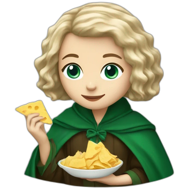 Blue eyes Slytherin girl with short wavy ash blonde bob hair eating chips and cheese hogwarts robe emoji