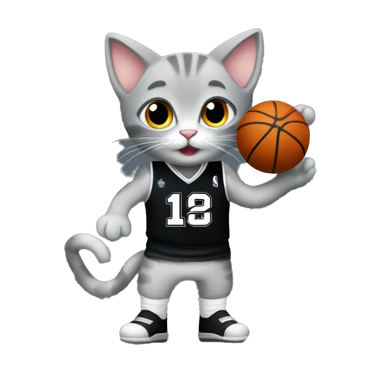 Grey kitten in a black San Antonio spurs jersey with the number 1 playing basketball  emoji