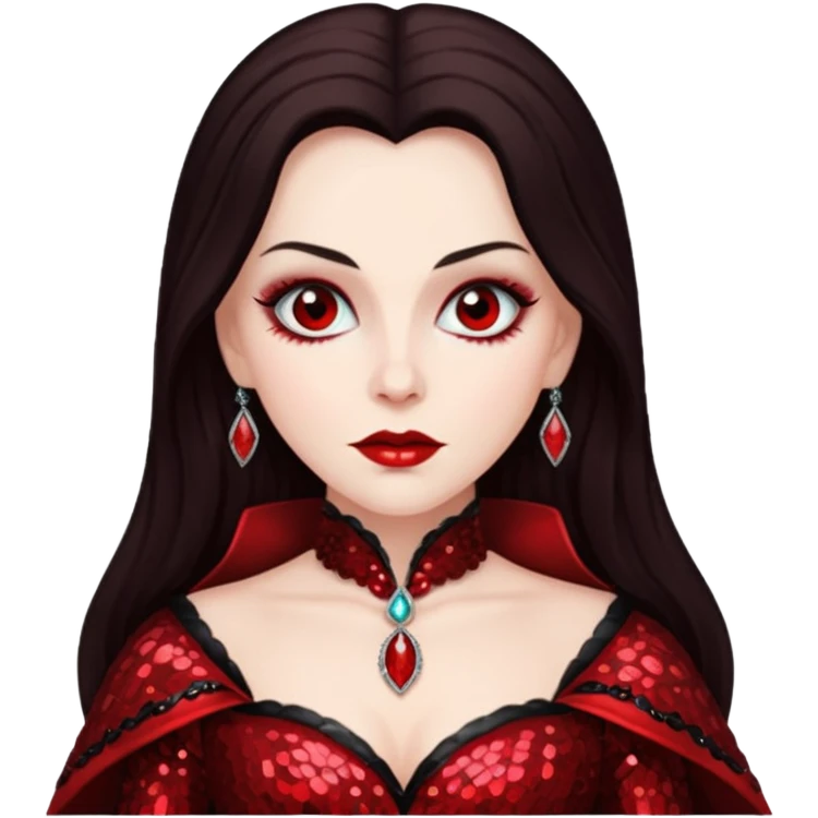 Countess Dracula with long dark brown hair, red sequin outfit  emoji