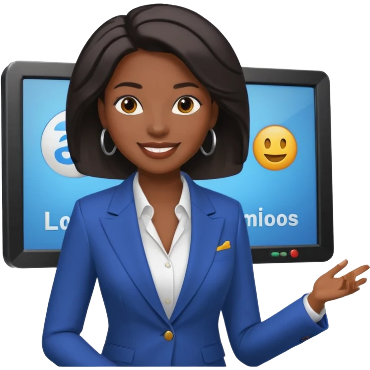 news anchor black skin woman, with a screen with a prompter in front of her emoji