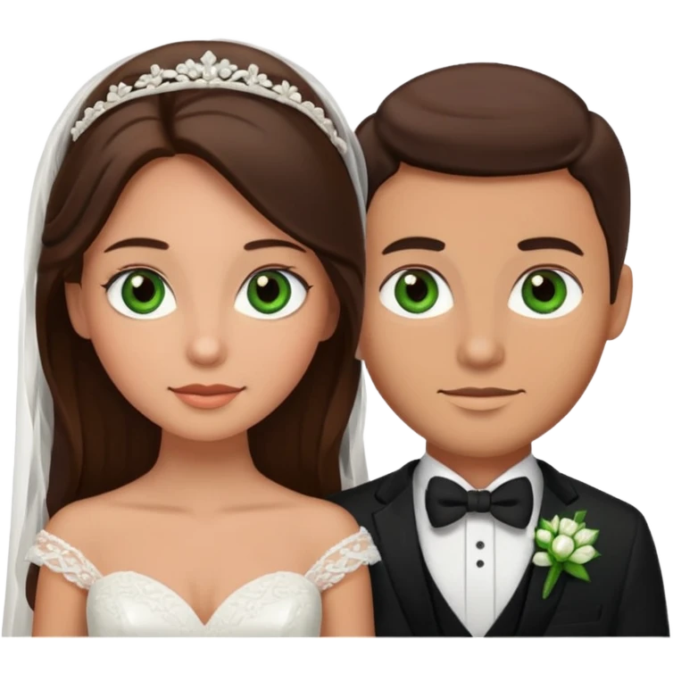 bride and groom, brunette bride with brown eyes, groom has green eyes emoji