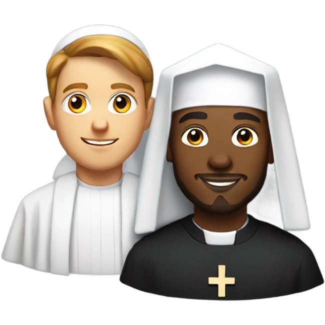 a young caucasian priest with a reddish beard and an african american nun side by side emoji