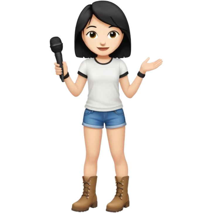 Crie uma cantora morena charmosa de shortes top e bota com microfone branca e cabelo preto emoji