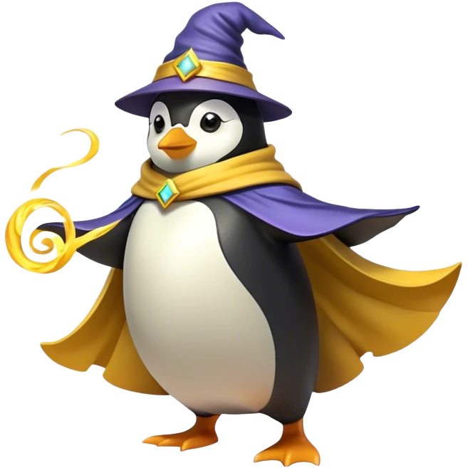 "A wizard penguin with a yellow hat and a long, flowing cape. The penguin is floating slightly above the ground, surrounded by swirling magical energy and glowing runes in the airyellow wizard hat emoji