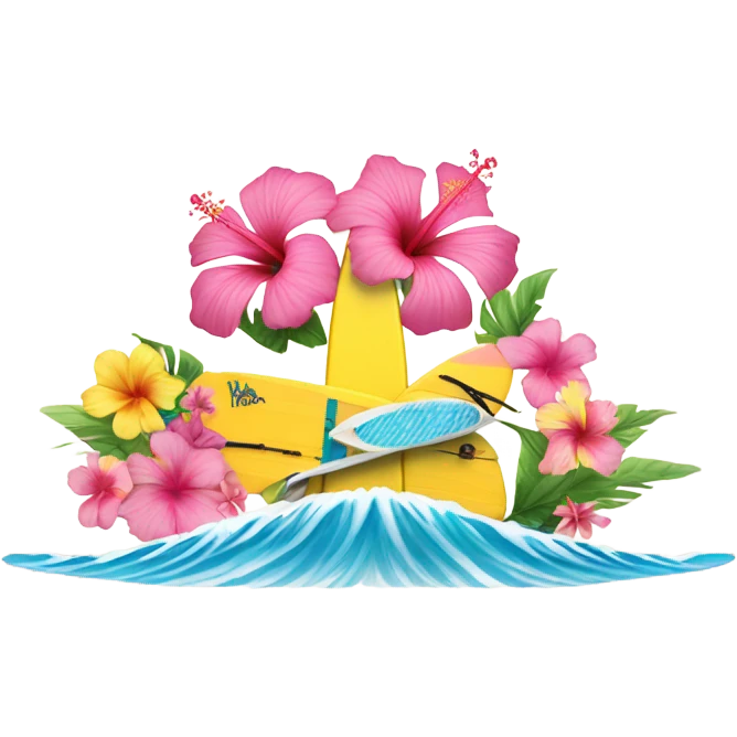 Assign saying aloha with pink and yellow hibiscus and ocean waves and a surfboard emoji