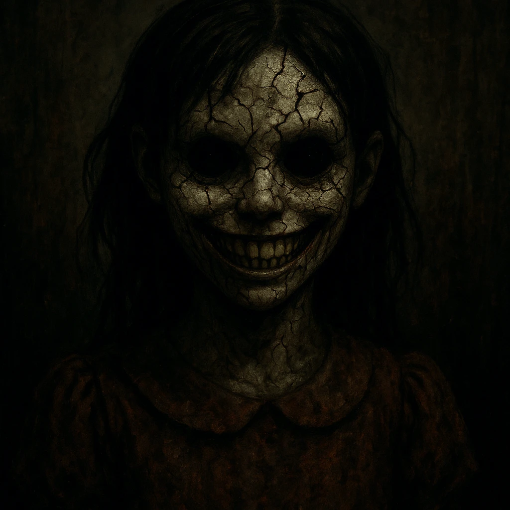 scary Amy.exe character, horror style, cracked face, eerie smile, disturbing presence emoji