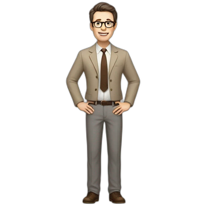 Full height Actively gesturing with hands Pale skinned fit man with dark brown hair in gray jacket, beige office shirt, brown tie, brown pants and vintage glasses. emoji