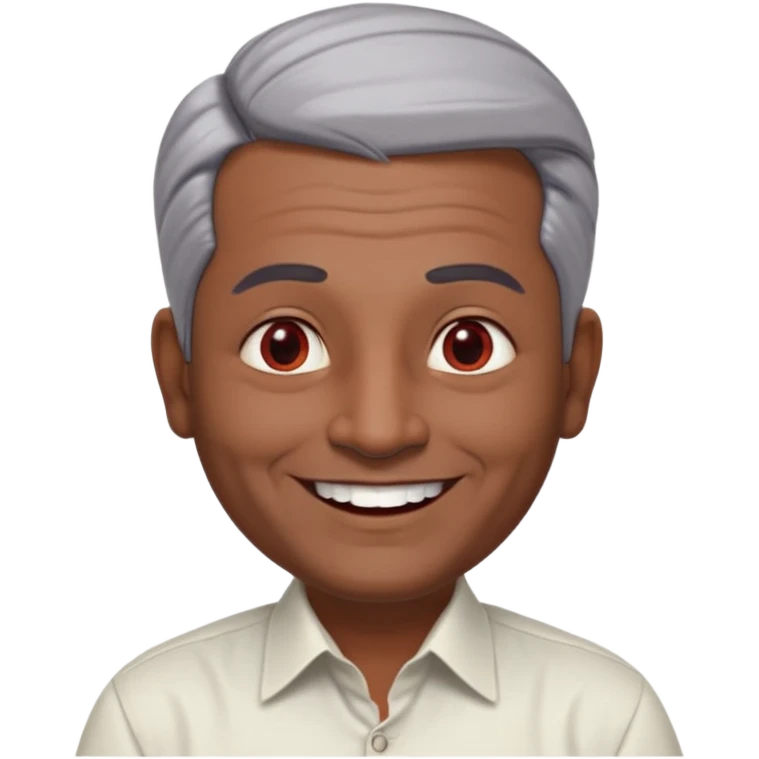 50 yr old indian man, dark skin, grey hair, big smile, white teeth, chubby, no moustache, clean shaven, young style hair, hair brushed back, 5 oclock shadow, bindy, dress shirt, forehead dot, chubby, religious, red dot, fancy hair emoji