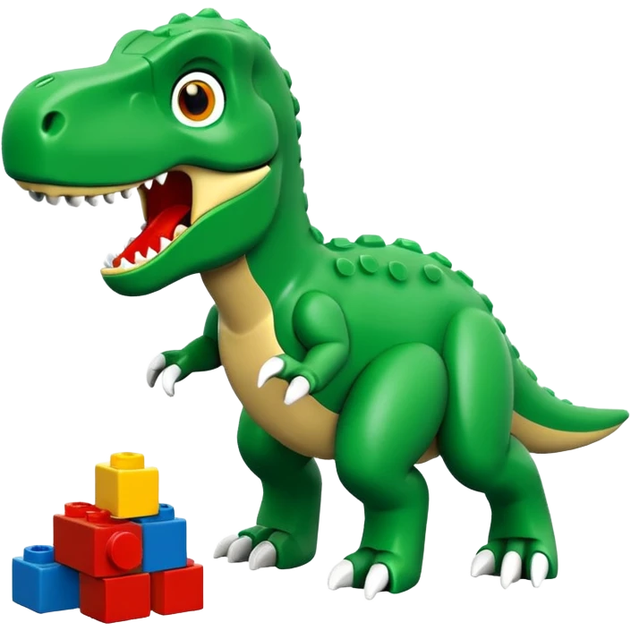 A cute green t-rex playing with LEGO bricks emoji