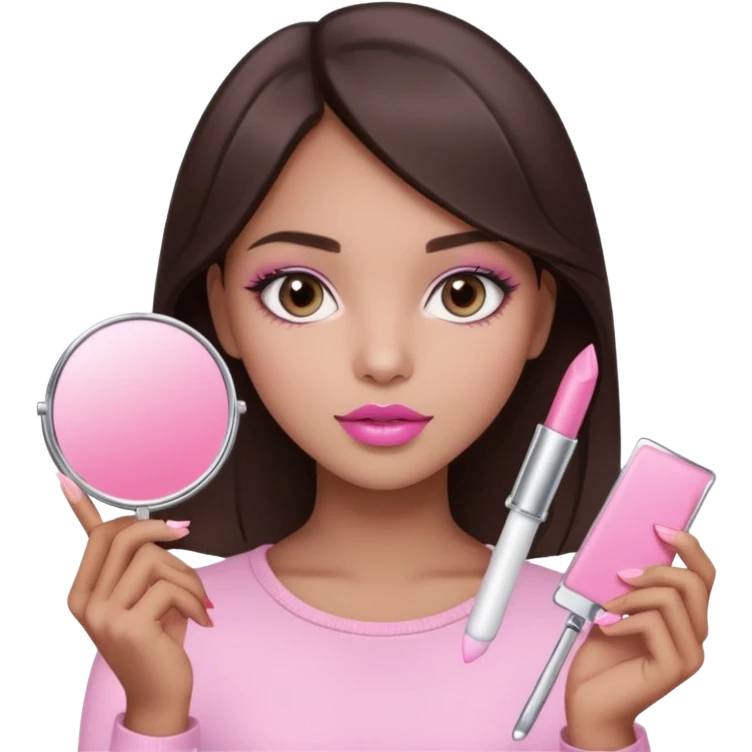 A dark brown hair beautiful eyes medium skin tone of girl carrying a pink mirror to her self and have lip stick on one of her hand look like pink pastel the packaging similar to Rhode lip  emoji