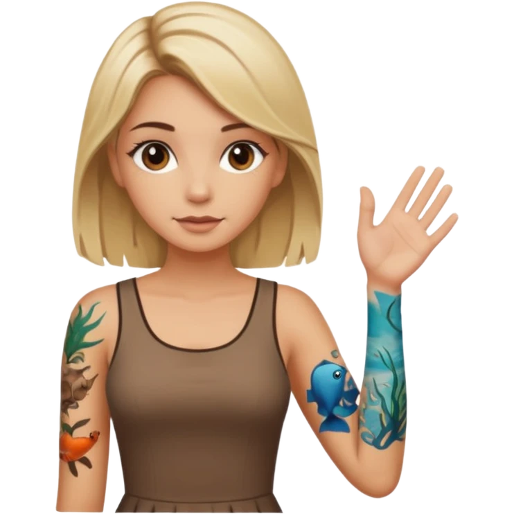 Blonde white girl with dark roots, sunkissed tan, and marine life tattoos on one arm wearing brown dress. Brown eyes emoji
