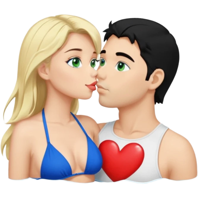 Blonde Woman Green eyes blue Bikini whole body Kissing man black Hair blue eyes Hearts in Body emoji