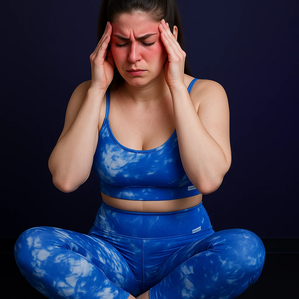 A slender woman in 4K, sitting with a straight back, hands pressing on reddened temples, expression of intense pain from muscle-tension headache, inspired by the reference photo. emoji