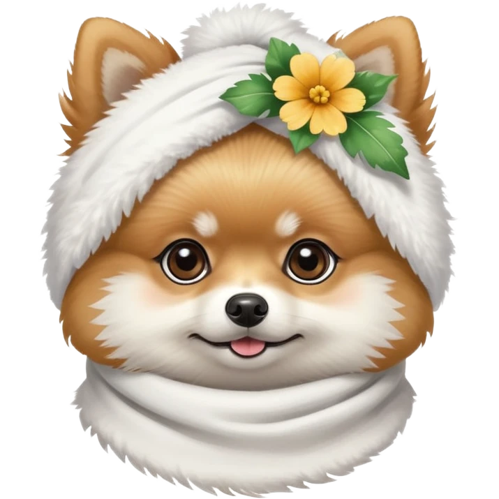 Pomeranian with a white scarf with flowers painted on it on his head emoji