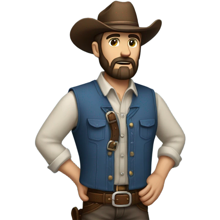 a rugged cowboy with a thick beard, wearing a blue vest over a classic western shirt and a brown belt with a silver buckle. He should have a confident stance, exuding a strong and adventurous frontier spirit. emoji