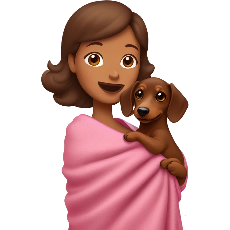 a woman with brown hair is cradling her puppy in a pink baby blanket. the puppy is a brown dachshund dog. the woman is smiling with mouth ajar. you can see the woman cradling the puppy like a baby from her waist up.  emoji