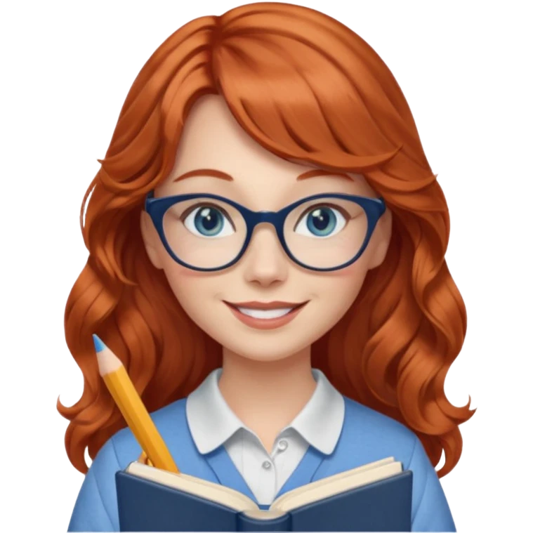 redheaded woman with very long wavy hair and bangs, blue eyes, clear cat-eye glasses, casual chic French teacher outfit, holding a pencil and a French textbook, smiling emoji