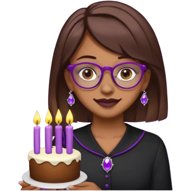 Cute ironic emoji woman, RIP 20’s theme.
Brown medium hair, grey eyes, purple glasses, nose piercing, tooth gem.
Black mourning outfit, cake with 29 candles.
Dark-cute minimal style, flat emoji design, clean lines.
Transparent background. emoji