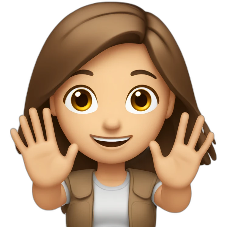 Girl with brown, long and straight hair smiling kindly and waving with the left hand emoji