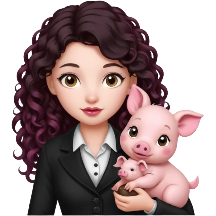 Ragazza bellissima sexy vestita bene capelli lunghi scuri con un piccolo maialino emoji