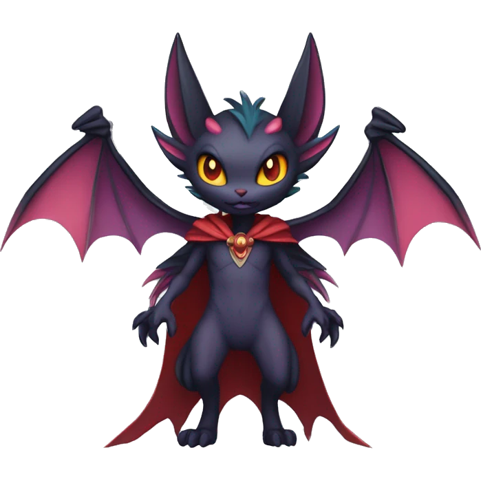  Anthro Kawaii Edgy Cool Vampiric Demonic Beautiful Noivern-Nargacuga-Litten with big Bat Ears and wearing a cape full body emoji