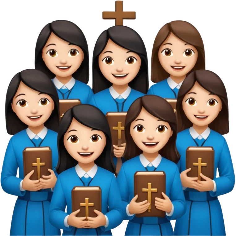 eight asian girls laughing with each other holding bibles and crosses and emoji