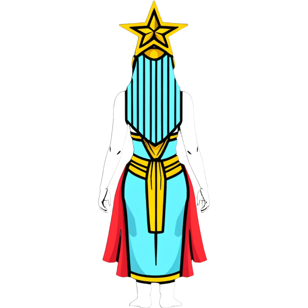 back view of Anunnaki goddess Inanna with detailed ceremonial robes and star symbols emoji