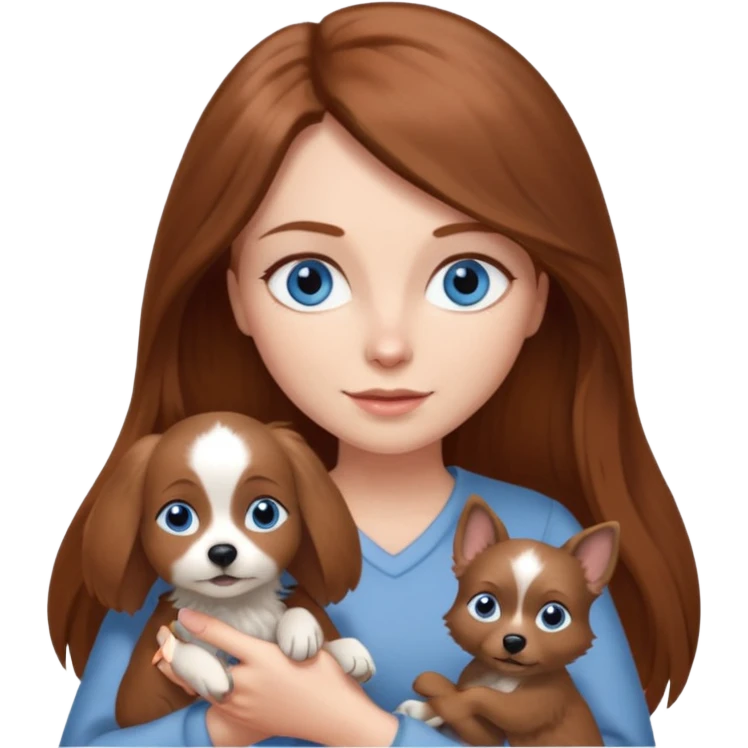 long hair chestnut color blue eyes woman holding small grey dog emoji