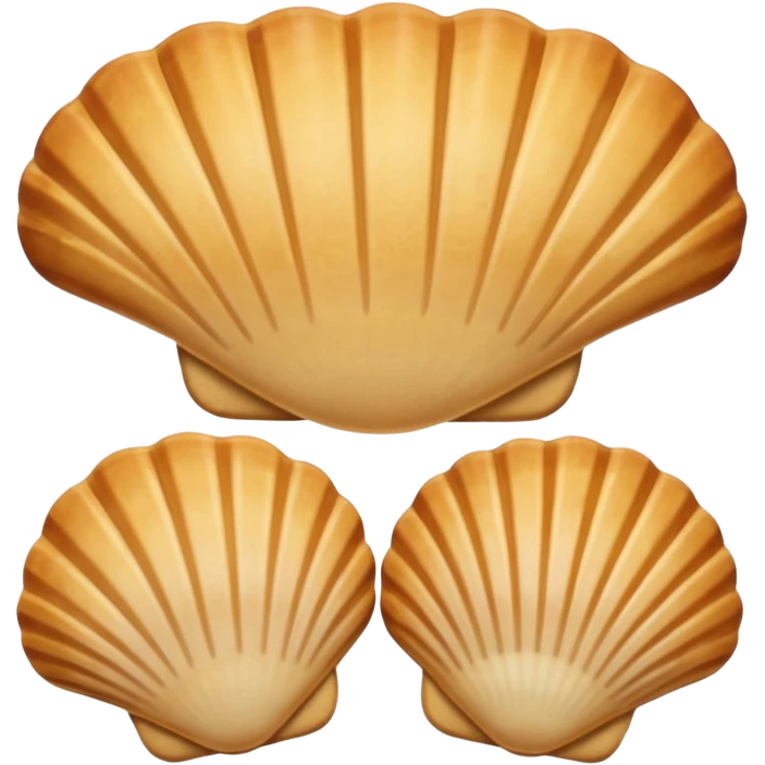 A madeleine pastry. Oval seashell shape with ONLY four to five vertical lines going in the same direction. Light golden brown. Scalloped edge. Cookie. Flat. Long. Oval shape. Lets scallops. Only four or five scalloped lines. Oblong shape. More length. Less roundness. emoji