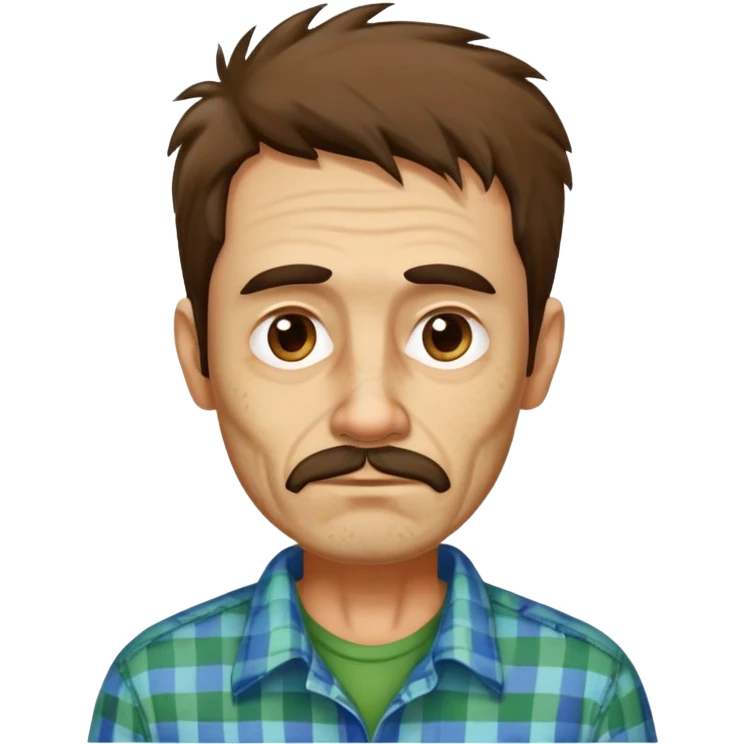 Skinny Hispanic man, 55 years old with light skin. Gaunt face with visible bone structure. Messy, tousled brown hair. Patchy brown beard that needs trimming. Tired eyes. Wearing an oversized green and blue checkered shirt on his thin frame. emoji