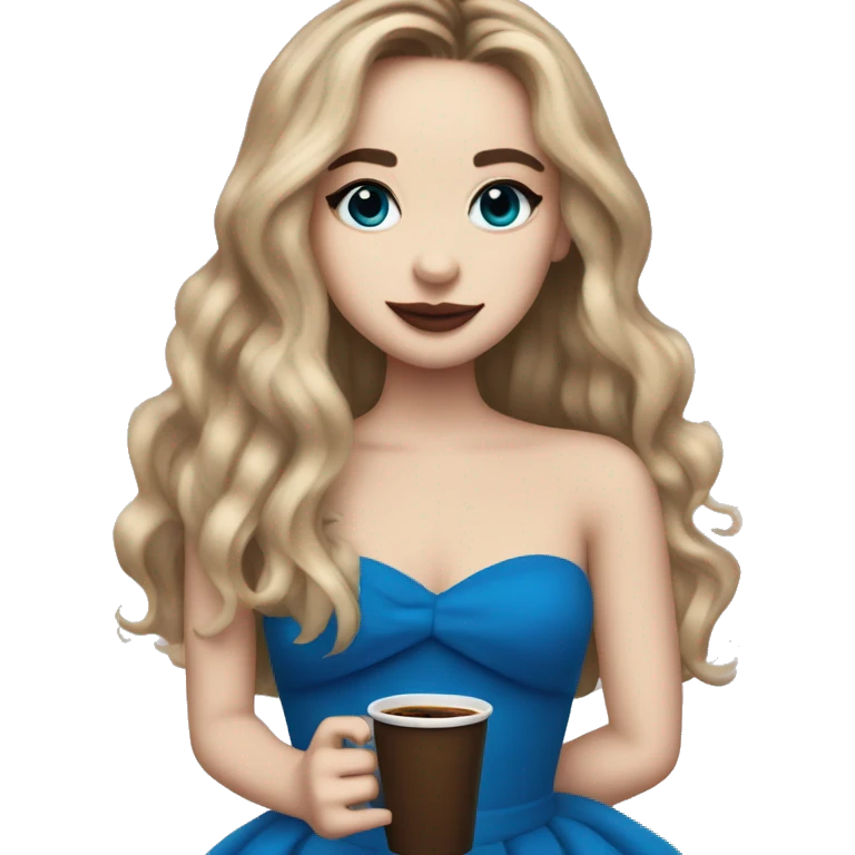sabrina carpenter with a strapless blue dress with an espresso coffee cup in hand emoji
