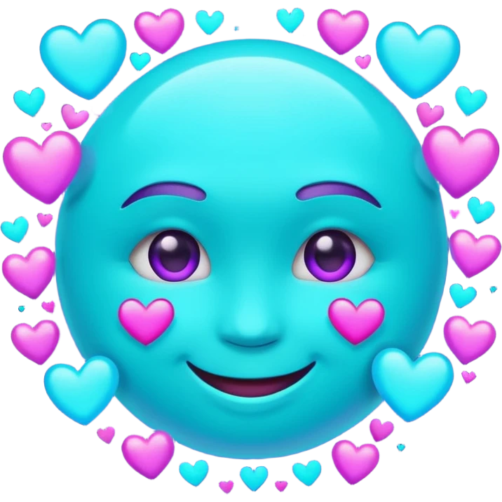 futuristic glowing emoji face smiling with floating neon hearts, purple and cyan holographic light, dark background emoji