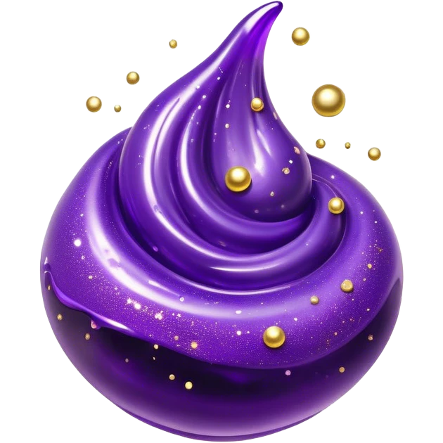 Cinematic Realistic Shiny Slime Mixed with Glitter, thick and glossy with swirling metallic flecks suspended inside, a dynamic mix of deep purple and golden sparkles, light catching every shimmer, flowing smoothly with realistic folds and ripples, glowing with an enchanting, almost liquid-metal effect. emoji