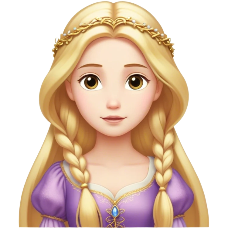 Cinematic Serene Rapunzel Portrait Emoji, rendered in a simplified vector style. Depict a gentle Rapunzel (chest and above) with delicate porcelain skin and long, shimmering golden hair, her expression calm and reflective, dressed in her traditional attire. The image is imbued with a soft, luminous glow and a subtle glowing outline. emoji