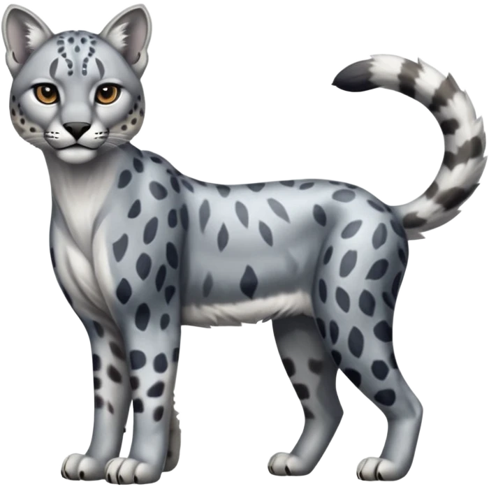 Realistic patterned marked edgy greyish blackish whitish silvery Shiny Colorful Glossy Cougar-Snow-Leopard-Caracal-Lioness-Bobcat-fusion-animal-hybrid-creature, full body, tufted ears, long thin tufted tail emoji