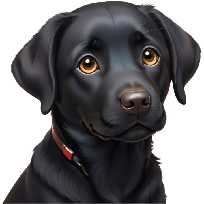 Cinematic Cute Black Labrador Portrait Emoji, Head tilted playfully and inquisitively, featuring a glossy black Fur with a healthy sheen, round, sparkling brown eyes filled with curiosity, Simplified yet irresistibly adorable features, highly detailed, glowing with a warm, friendly glow, high shine, affectionate and spirited, stylized with a touch of whimsy, bright and endearing, soft glowing outline, capturing the essence of a mischievous yet loving companion, so playful it feels like it could dash out of the screen and into your arms! emoji