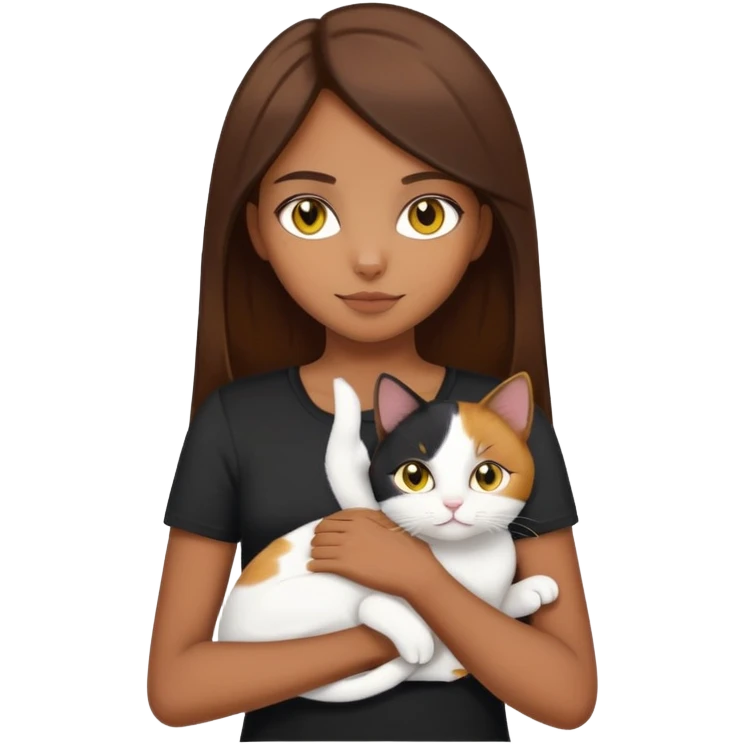Brown straight-haired girl wearing black top with a pure white cat with yellow eyes and a calico cat emoji