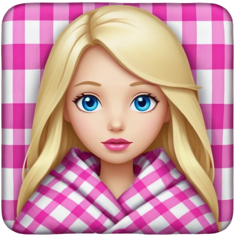 A beautiful blonde girl with long hair, blue eyes, pink lips is wrapped in a plaid with her head emoji