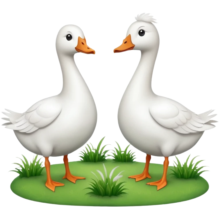 white geese standing on a small green hill, front view, foggy emoji