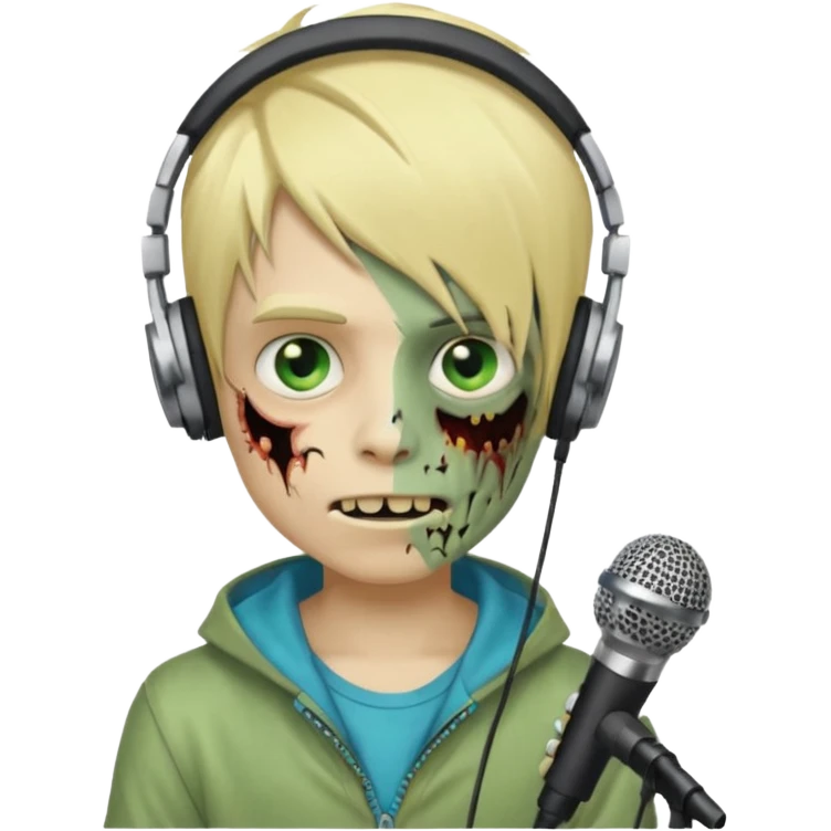 boy zombie whit blonde emo hair and eyes blue and GREEN SKIN and heandphones AND A MICROFONE AND GOLD TEETH  emoji