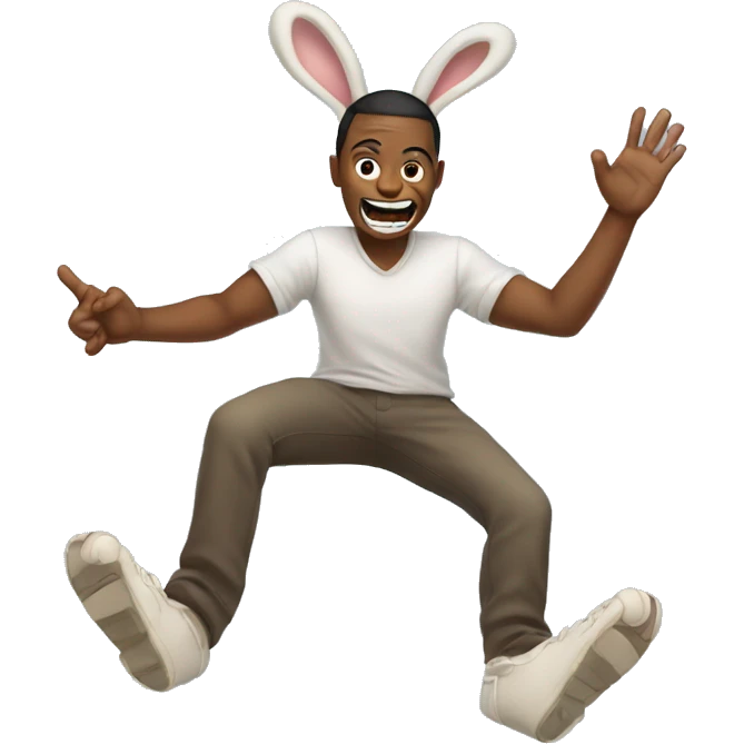 Human with rabbit teeth with feet kicking in the back and hands holding up his face emoji