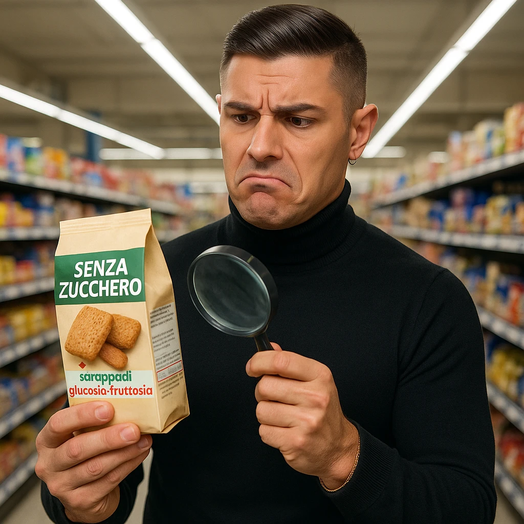 Supermarket, man like the reference, holding 'SENZA ZUCCHERO' product, ingredient list shows 'sciroppo di glucosio-fruttosio' in bold red, confused, floating magnifying glass, hyper-realistic, harsh fluorescent light. Variant 6. emoji