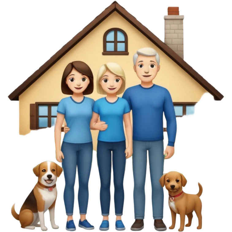 a mom and dad standing in front of a house with their son and a dog next to them emoji