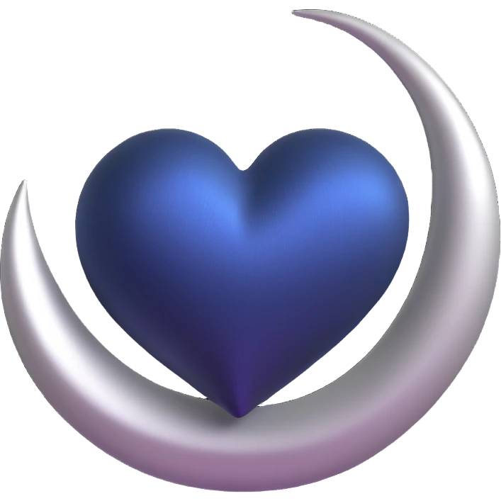 3D emoji style heart, midnight blue silk texture, silver crescent moon accent, gothic and elegant emoji