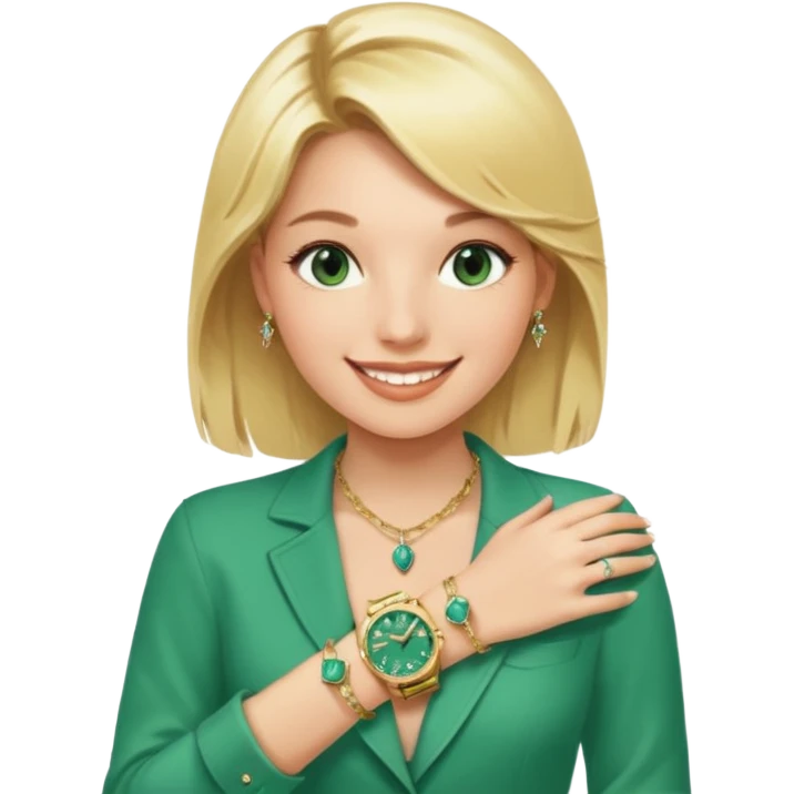 Breitling green faced watch on blonde girl wrist with gold necklace from a Tiffany and gold bracelets emoji