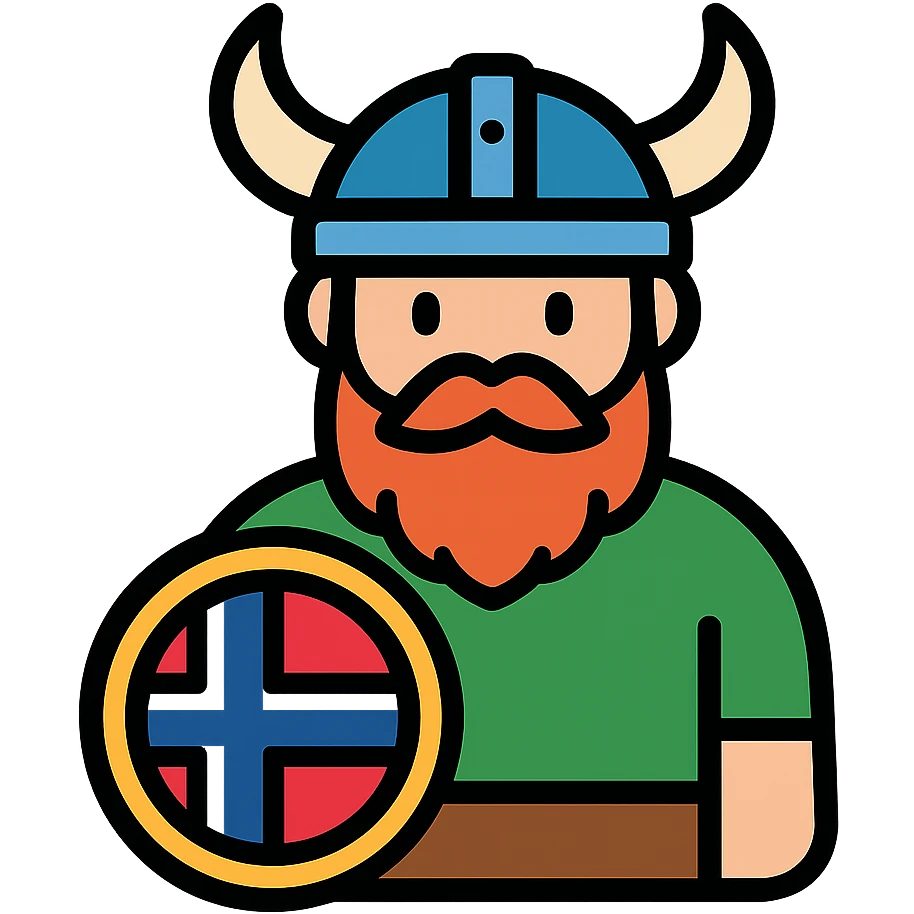 Norwegian Viking with red beard and helmet with horns. Holds a round shield with Norwegian pattern emoji