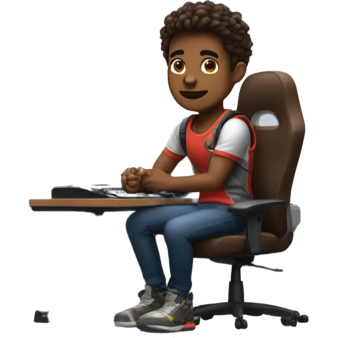  a brown skin gamer sitting in front of gaming pc and play games emoji