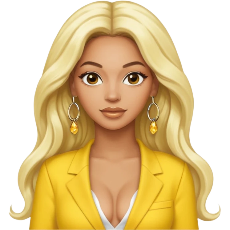 Beyonce with long platinum blonde hair, yellow outfit and earring emoji