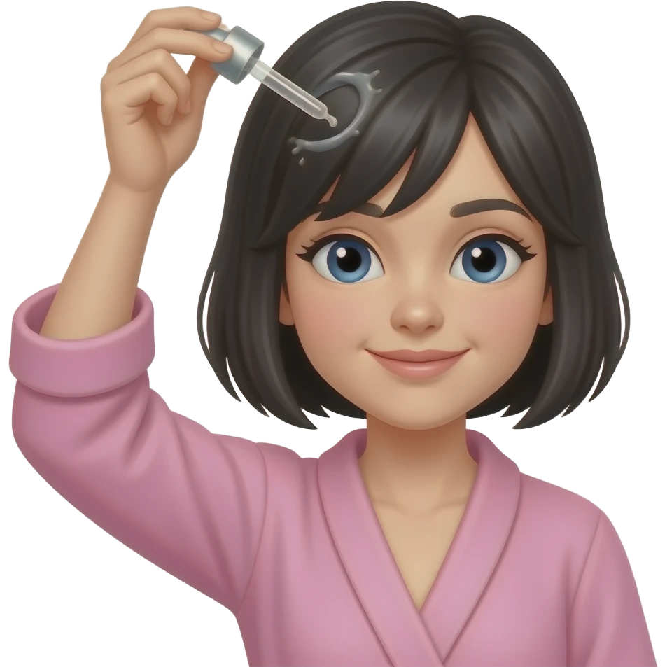 White girl taking care of her black short hair by giving herself a hair tonic massage with a dropper, wearing a pink robe, iPhone emoji style emoji
