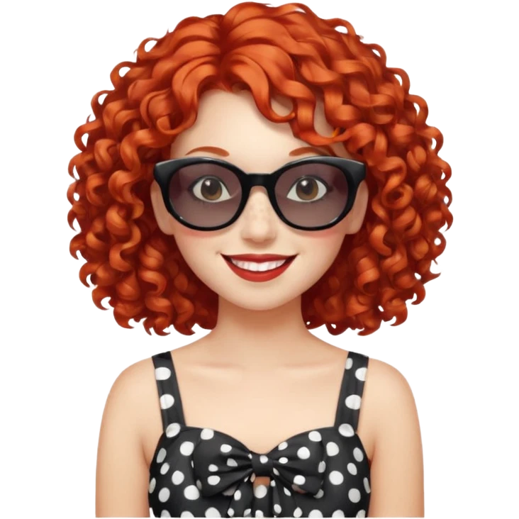 young fashionable woman, curly red hair, wearing a polka dot dress and sunglasses, cheerful expression emoji